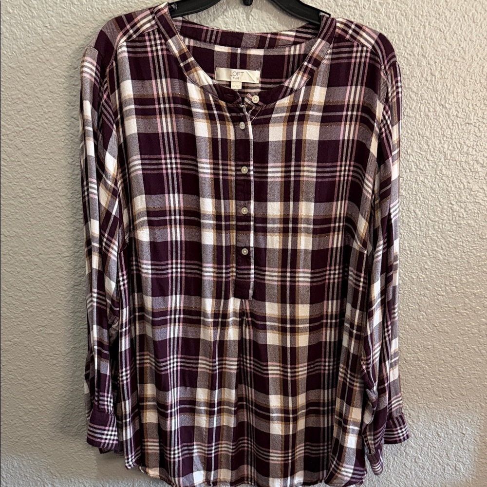 LOFT Burgundy Plaid Button-Front Tunic Top size 20